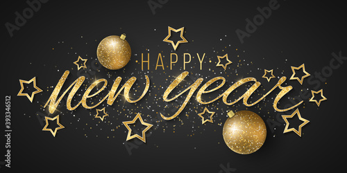 New Year Cover. Golden elegant glittering lettering decorated with stars and balls on a dark background. Gold sequins. Stylish Christmas banner. Vector illustration