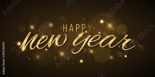 Golden New Year lettering decorated with abstract lights bokeh and stars on a dark background. Gold sequins. Luxurious Christmas banner. Vector illustration