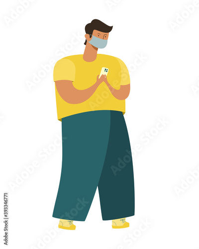 modern man stands with a smartphone in a medical mask. hypertrophied character, big legs small head