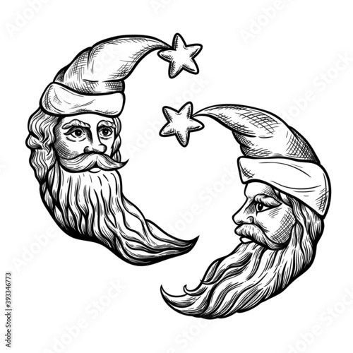 

Crescent Moon Santa. Set of two different images. Vector monochrome vintage drawings in engraving style. Good Night and Merry Christmas Moon Design.

