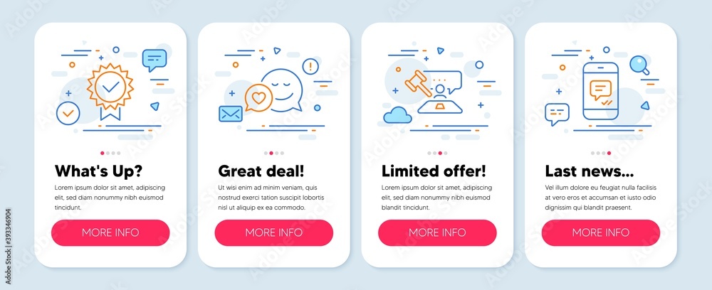 Set of Business icons, such as Dating, Certificate, Judge hammer symbols. Mobile app mockup banners. Message line icons. Love messenger, Verified award, Judgement. Phone messenger. Vector