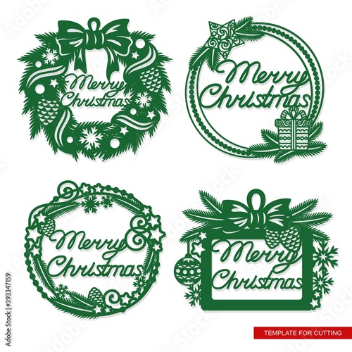 Set of festive frames with text - Merry Christmas. Decoration of fir branches, cones, bows, balls, stars. Vector template for plotter laser cutting (cnc) of paper, cardboard, plywood, wood carving.