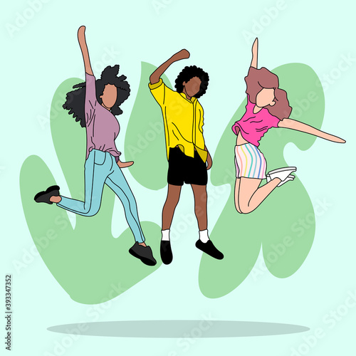 Stock Vector of multiethnic group friends jumping against the wall. They are having fun. They are wearing casual clothes