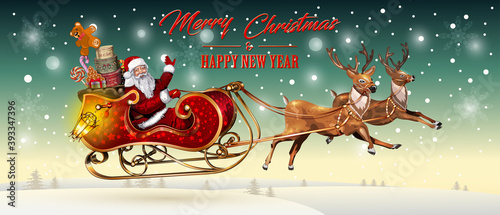 Foto Christmas card with Santa Claus flying in a sleigh with reindeer