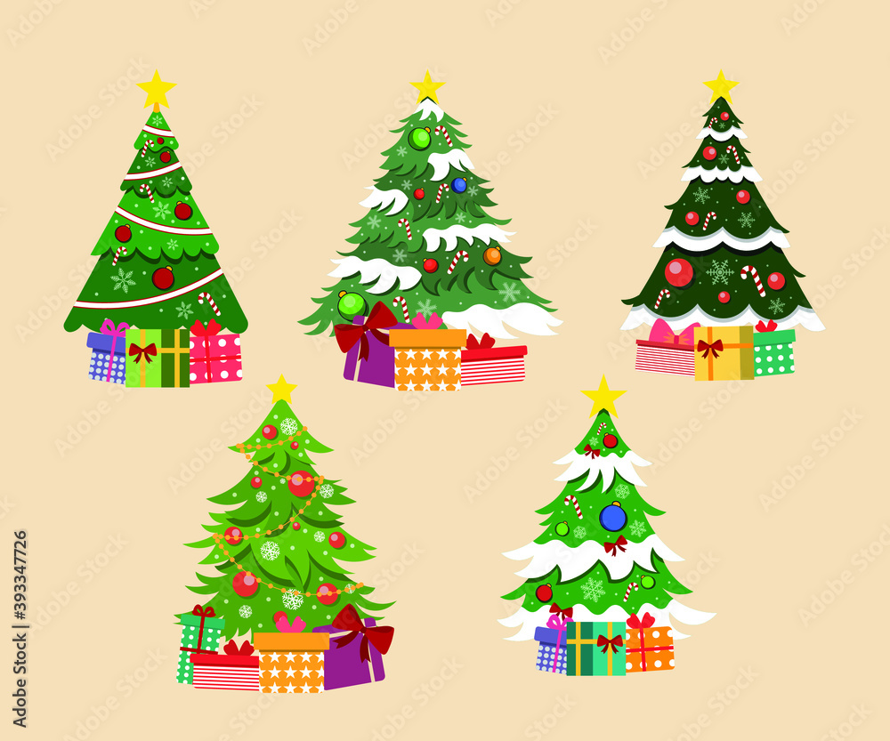 Collection of Christmas trees with gift box and snow.Template for design, greeting card, invitation.Vector illustration.Editable