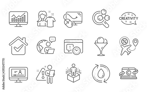 Flight sale, Project deadline and Statistics line icons set. Ice cream, Computer mouse and Online video signs. Refill water, Clean shirt and Augmented reality symbols. Line icons set. Vector