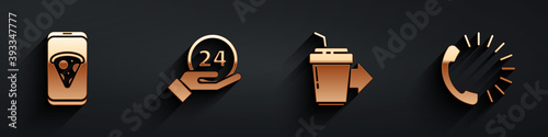 Set Food ordering pizza, Clock 24 hours, Coffee cup to go and Food ordering icon with long shadow. Vector.