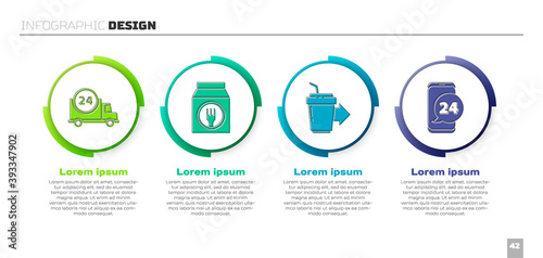 Set Fast delivery by car, Online ordering and delivery, Coffee cup to go and Food ordering. Business infographic template. Vector.