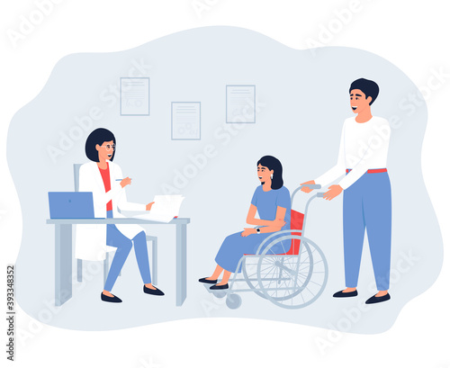 Dad and his disabled daughter at a pediatrician. Girl in a wheelchair. An doctor conducts a conversation before the examination in order to draw up an extended anamnesis. Flat vector illustration.

