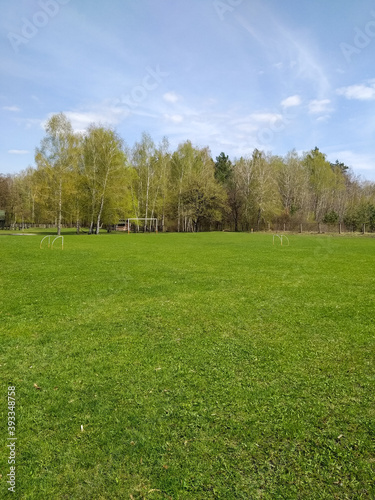 Sunny warm spring day. Green field. Football field. Beautiful landscape. Background for the screen.