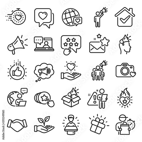 Brand ambassador line icons. Influence people, Megaphone and Representative. Handshake, influencer marketing person, social media like icons. Ambassador person. Brand pr. Line icon set. Vector