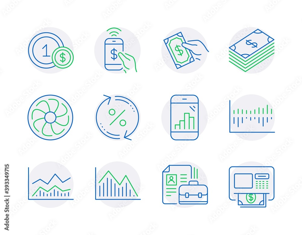Finance icons set. Included icon as Dollar, Fan engine, Pay money signs. Usd coins, Trade infochart, Vacancy symbols. Graph phone, Phone payment, Loan percent. Column diagram, Atm. Vector Finance icons set. Included icon as Dollar, Fan engine, Pay money signs. Usd coins, Trade infochart, Vacancy symbols. Graph phone, Phone payment, Loan percent. Column diagram, Atm. Vector