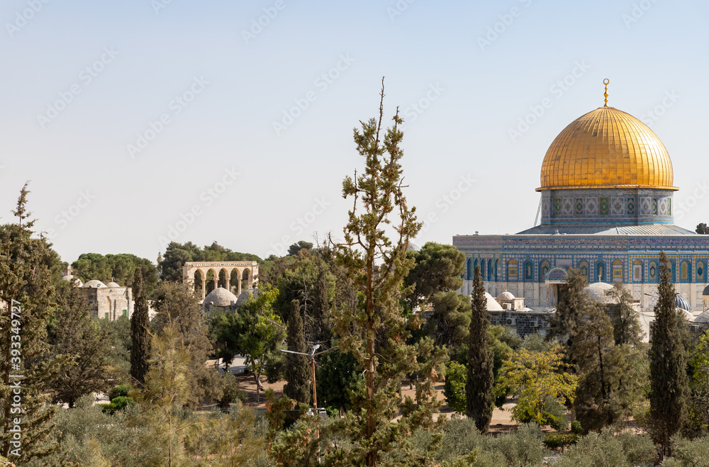 View  from the Arab School in Via Dolorosa to the Temple Mount and the Dome of the Rock in the old city of Jerusalem in Israel