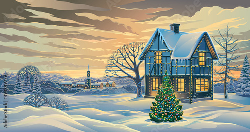 Festive winter landscape with a festively decorated house and decorated Christmas tree in in rural areas.