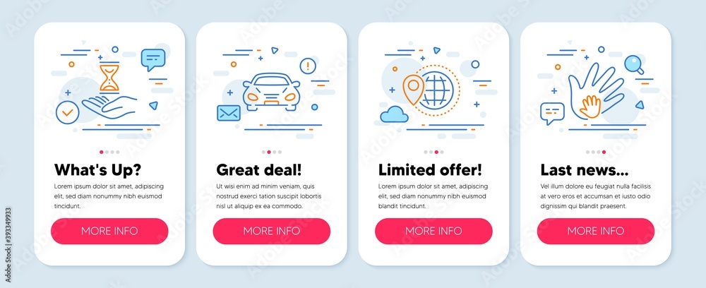 Set of Business icons, such as Car, Time hourglass, World travel symbols. Mobile app mockup banners. Social responsibility line icons. Transport, Sand watch, Map pointer. Hand. Car icons. Vector Set of Business icons, such as Car, Time hourglass, World travel symbols. Mobile app mockup banners. Social responsibility line icons. Transport, Sand watch, Map pointer. Hand. Car icons. Vector