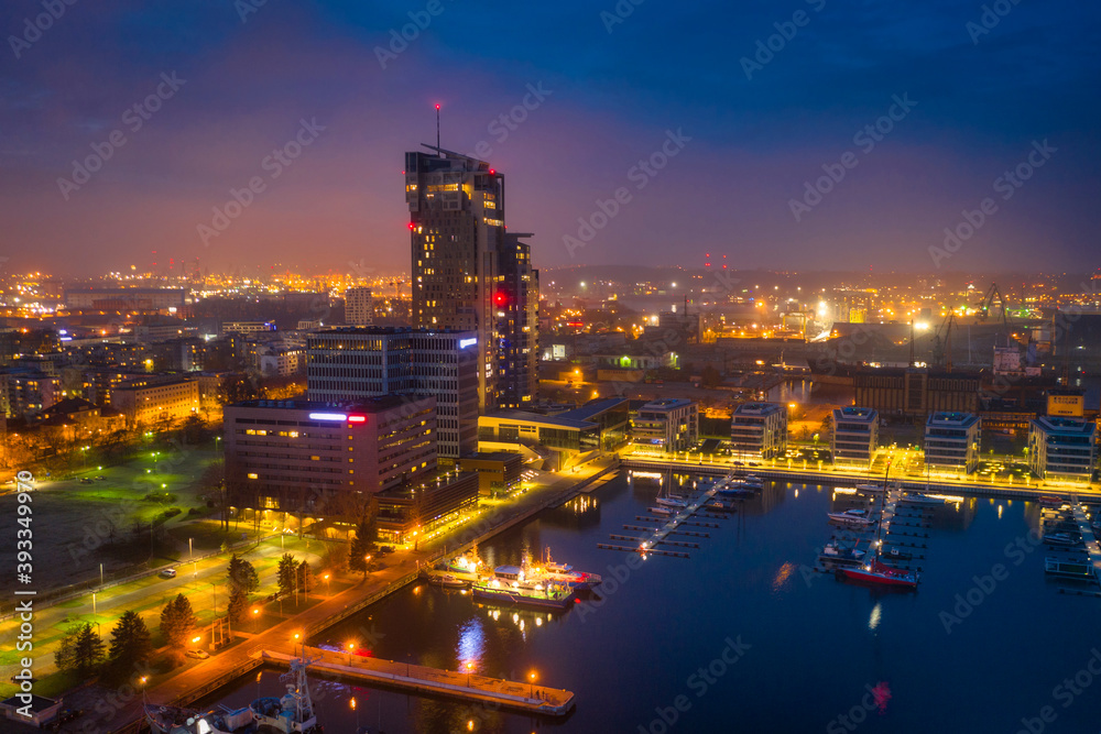 Cityscape of Gdynia by the Baltic Sea at dusk. Poland