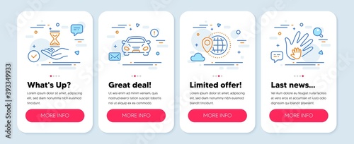 Set of Business icons, such as Car, Time hourglass, World travel symbols. Mobile app mockup banners. Social responsibility line icons. Transport, Sand watch, Map pointer. Hand. Car icons. Vector