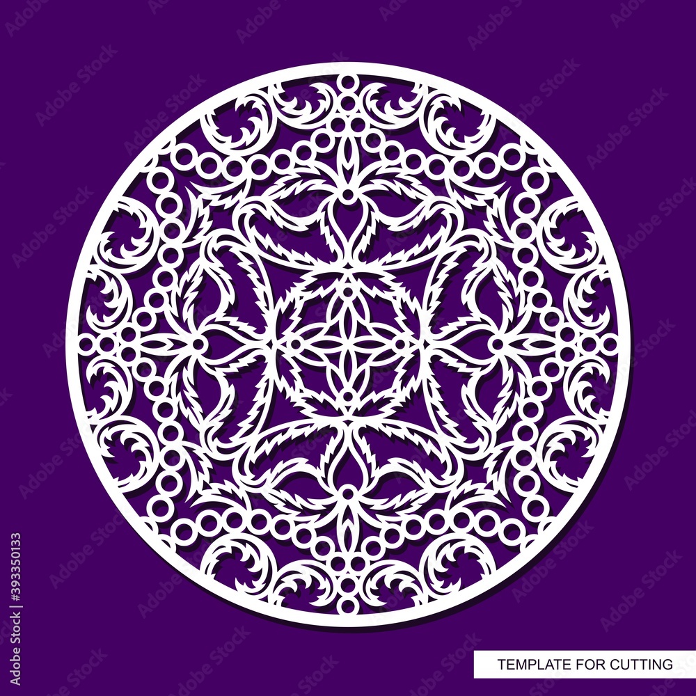 Round panel with delicate lace pattern. Floral oriental ornament of leaves, curls. Template for plotter laser cutting of paper, cardboard, plywood, wood carving, metal engraving, cnc. Vector image.