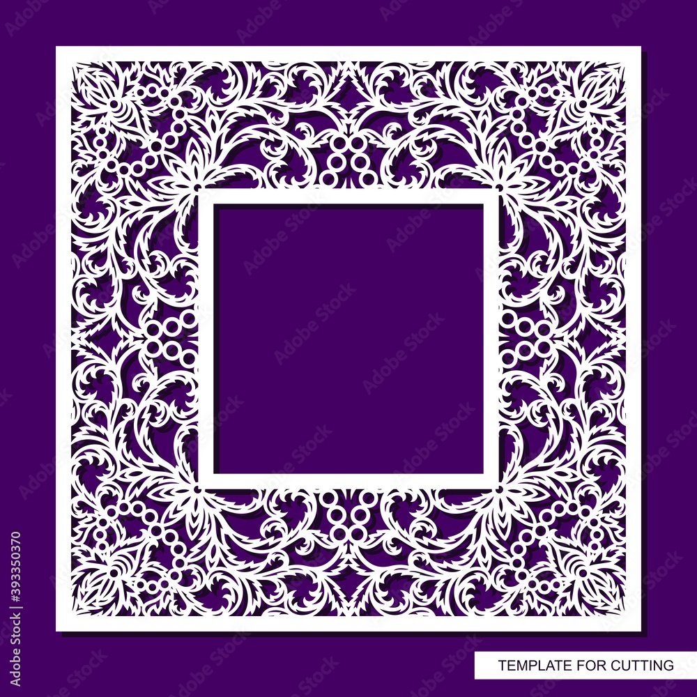 Beautiful square photo frame. Lacy floral pattern of leaves. Oriental ornament. Template for plotter laser cutting of paper, cardboard, plywood, wood carving, metal engraving, cnc. Vector illustration