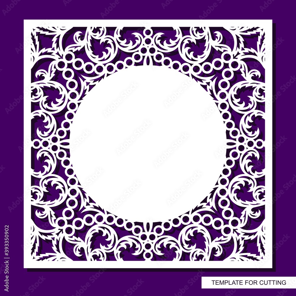 Beautiful square frame with lace border and place for text. Openwork floral pattern from leaves. Blank for cards, wedding invitations, certificates. Template for plotter laser cutting (cnc). Vector.