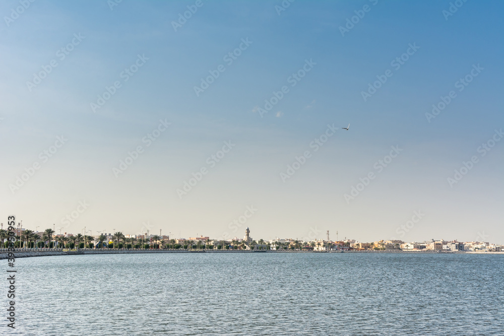 Corniche coastal park with background of sea in Dammam, Kingdom of Saudi Arabia