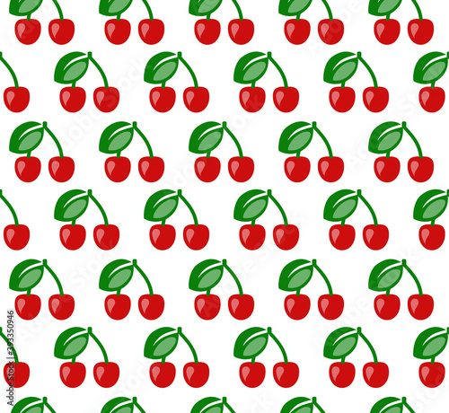 Cherry pattern background. Luscious cherries with green leaves. 