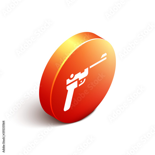 Isometric Mauser gun icon isolated on white background. Mauser C96 is a semi-automatic pistol. Orange circle button. Vector.