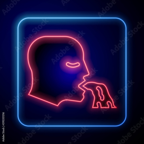 Glowing neon Vomiting man icon isolated on blue background. Symptom of disease, problem with health. Nausea, food poisoning, alcohol poisoning concept. Vector.