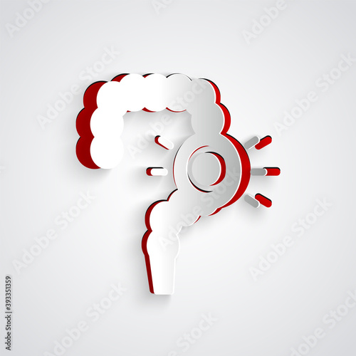 Paper cut Gut constipation icon isolated on grey background. Bowel problems. Paper art style. Vector.