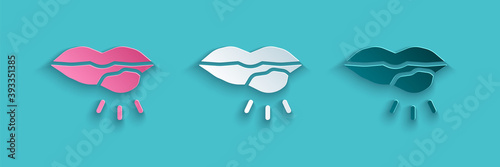 Paper cut Herpes lip icon isolated on blue background. Herpes simplex virus. Labial infection inflammation symbol. Paper art style. Vector.