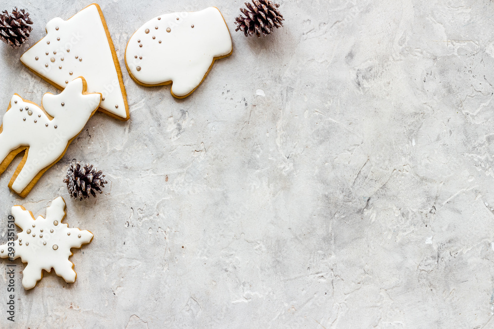 Christmas winter dessert - icing gingerbread cookies, top view