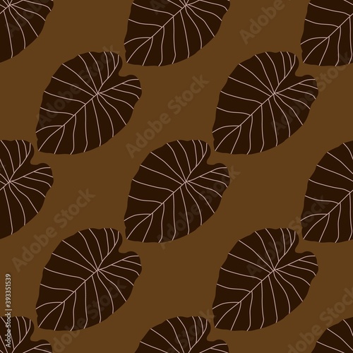 Fall seammless pattern with brown leaf outine shapes on beige background. Simple ornament in autumn tones.