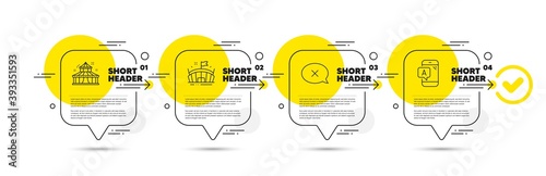 Reject, Circus and Arena line icons set. Timeline infograph speech bubble. Ab testing sign. Delete message, Attraction park, Sport stadium. Phone test. Business set. Vector