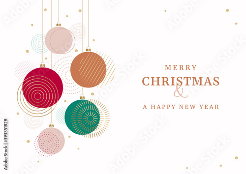 Christmas and New Year greeting card. Abstract vector illustration of Christmas decoration balls for office and business projects. Modern geometric design. Can be used for banners, holiday invitations