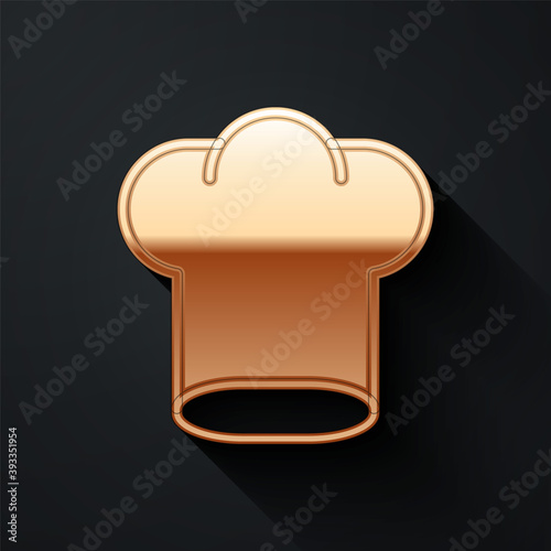 Gold Chef hat icon isolated on black background. Cooking symbol. Cooks hat. Long shadow style. Vector.