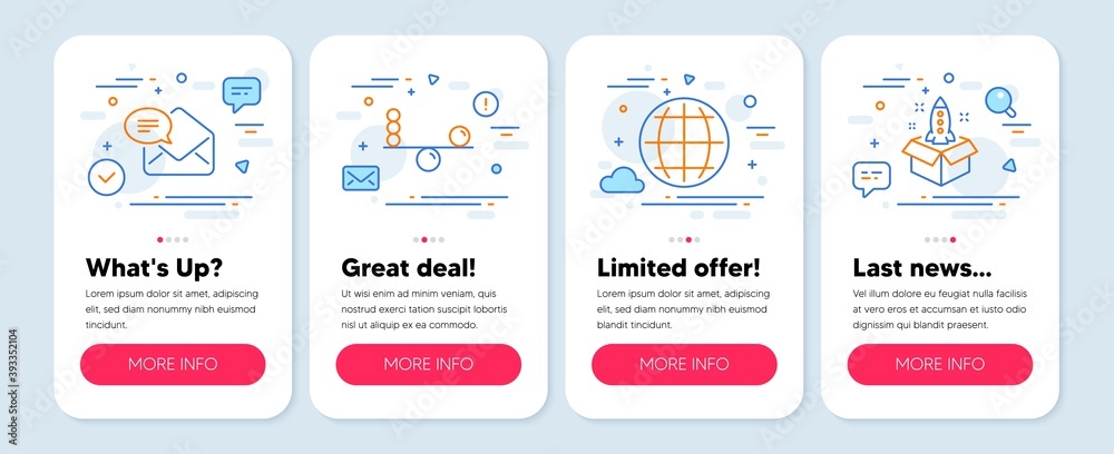 Set of Education icons, such as New mail, Globe, Balance symbols. Mobile screen mockup banners. Startup line icons. Received e-mail, Internet world, Concentration. Innovation. New mail icons. Vector