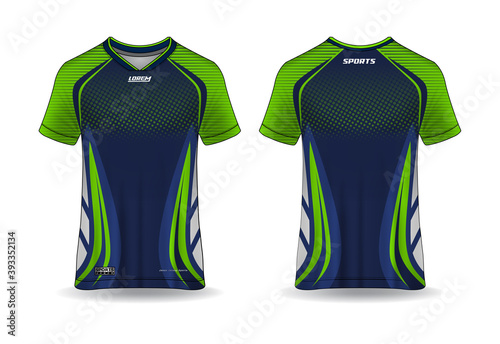 Jersey mockup. t-shirt sport design template for runner, uniform front and back view. green dark blue color