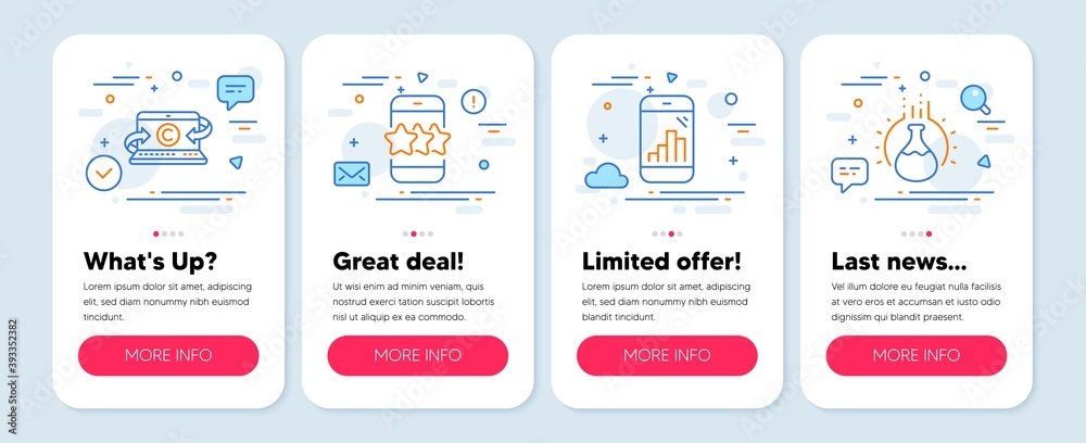 Set of Technology icons, such as Graph phone, Star, Copywriting notebook symbols. Mobile app mockup banners. Chemistry experiment line icons. Mobile statistics, Phone feedback, Writer laptop. Vector Set of Technology icons, such as Graph phone, Star, Copywriting notebook symbols. Mobile app mockup banners. Chemistry experiment line icons. Mobile statistics, Phone feedback, Writer laptop. Vector