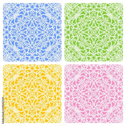 Set of seamless lace patterns with classic floral designs. White curls of flowers and leaves on a yellow, green, blue, pink background. Repeating square texture for textiles, fabrics, wallpaper, web.