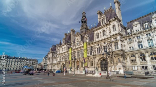 Hotel de Ville or Paris city hall timelapse hyperlapse in sunny day. This building has been used as the location of the municipality of Paris since 1357 photo