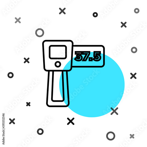 Black line Digital contactless thermometer with infrared light icon isolated on white background. Random dynamic shapes. Vector.