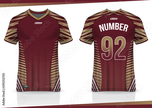 Soccer jersey mockup. t-shirt sport design template, uniform front and back view. maroon gold color	