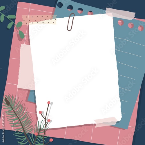 Scrapbook composition with notes paper, tapes, flowers elements and photo frame. Page for stories in winter style