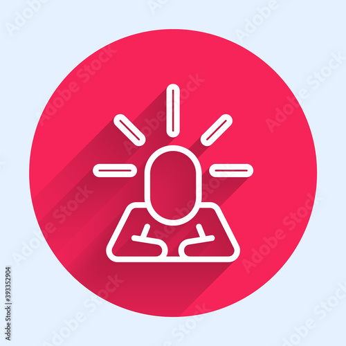 White line Depression and frustration icon isolated with long shadow. Man in depressive state of mind. Mental health problems. Red circle button. Vector.