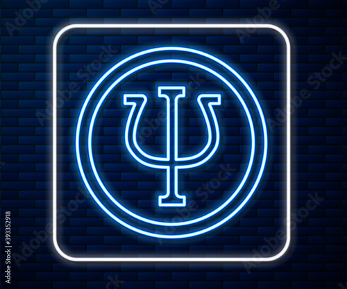 Glowing neon line Psychology icon isolated on brick wall background. Psi symbol. Mental health concept, psychoanalysis analysis and psychotherapy. Vector.