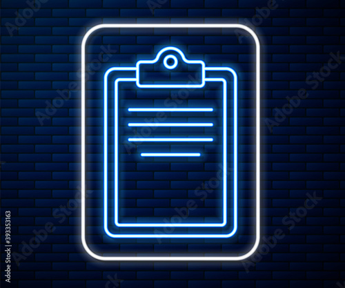 Glowing neon line Clipboard with checklist icon isolated on brick wall background. Control list symbol. Survey poll or questionnaire feedback form. Vector.