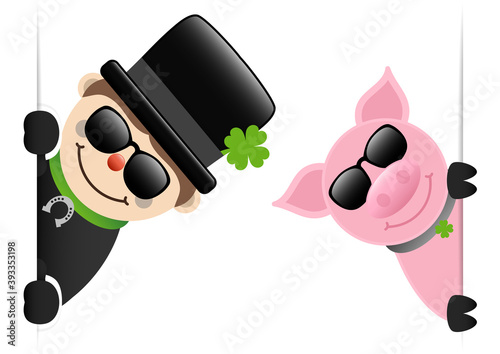 Großer Schornsteinfeger Und Schwein Mit Sonnenbrille Banner Innen