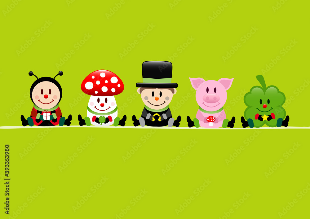 Fototapeta premium Karte Marienkäfer Fliegenpilz Schornsteinfeger Schwein Und Kleeblatt Grün