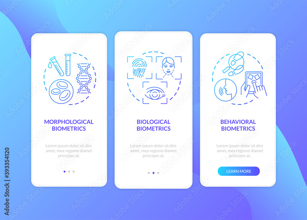 Biometrics types onboarding mobile app page screen with concepts. Ways of people identification walkthrough 3 steps graphic instructions. UI vector template with RGB color illustrations