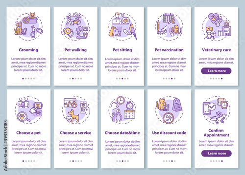 Pet services onboarding mobile app page screen with concepts set. Animal care grooming salon walkthrough 10 steps graphic instructions. UI vector template with RGB color illustrations